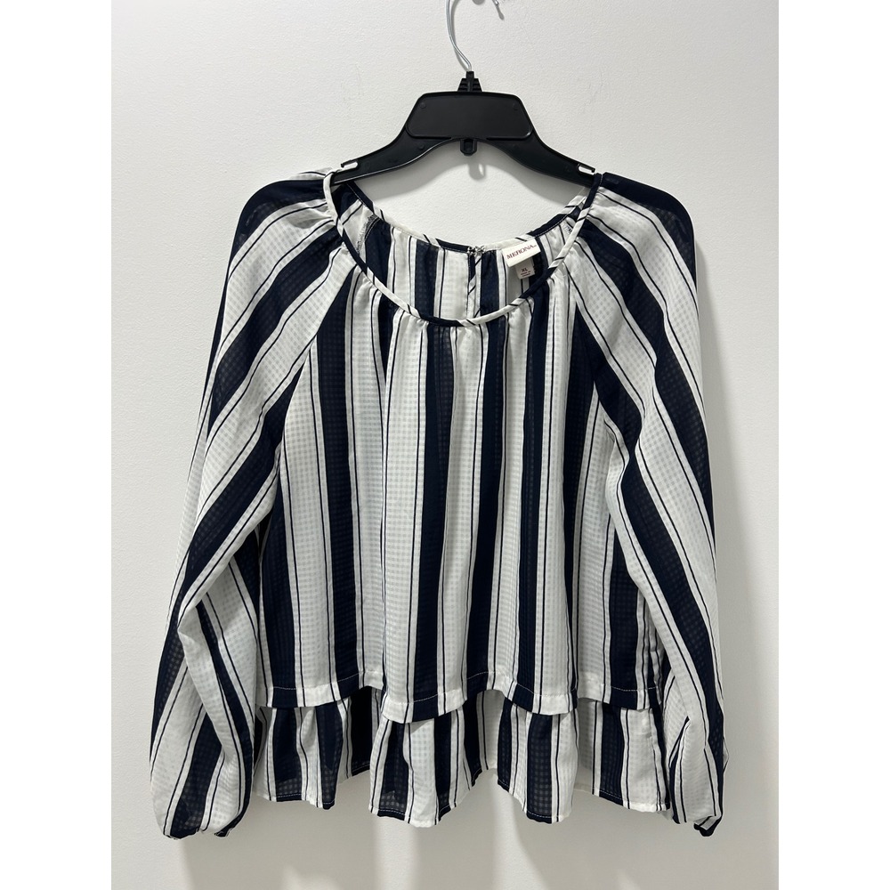 Merona Womens XL Navy Blue White Striped Ruffle Hem Long Sleeve Blouse Top